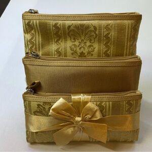 Gold Brocade Cosmetic Bag Set 3 Piece Nesting Makeup Pouches